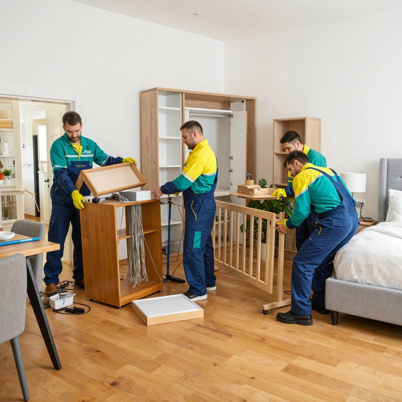 Model Version: lite | Model Category: Realism | Prompt: Ultra-realistic 8K commercial photograph, professional furniture moving and assembly team, workers wearing clean uniforms in #1c7e68 and #ffdd00 colors, carefully disassembling and assembling home furniture including a bed, wardrobe, table, and bookshelf, using professional tools, set inside a modern, bright, well-organized home interior, warm natural lighting, clean composition, corporate photography style, realistic details, high-quality advertisement look, no text or logos. | Enhanced Prompt: Ultra-realistic 8K commercial photograph capturing a professional furniture moving and assembly team, composed of focused workers wearing impeccably clean uniforms in striking teal (#1c7e68) and bright yellow (#ffdd00) accents. The team is meticulously disassembling and reassembling various home furnishings, including a wooden bed frame, a tall wardrobe, a dining table, and a bookshelf, utilizing specialized, professional tools. The scene is set within a modern, bright, and exceptionally well-organized home interior, featuring light wood floors and white walls. Warm, natural lighting streams in, creating a clean composition that emphasizes competence and order. The overall aesthetic is high-quality corporate photography, delivering a sharp, realistic advertisement look. Ultra-realistic 8K commercial photograph, professional furniture moving and assembly team, workers wearing clean uniforms in #1c7e68 and #ffdd00 colors, carefully disassembling and assembling home furniture including a bed, wardrobe, table, and bookshelf, using professional tools, set inside a modern, bright, well-organized home interior, warm natural lighting, clean composition, corporate photography style, realistic details, high-quality advertisement look, no text or logos.