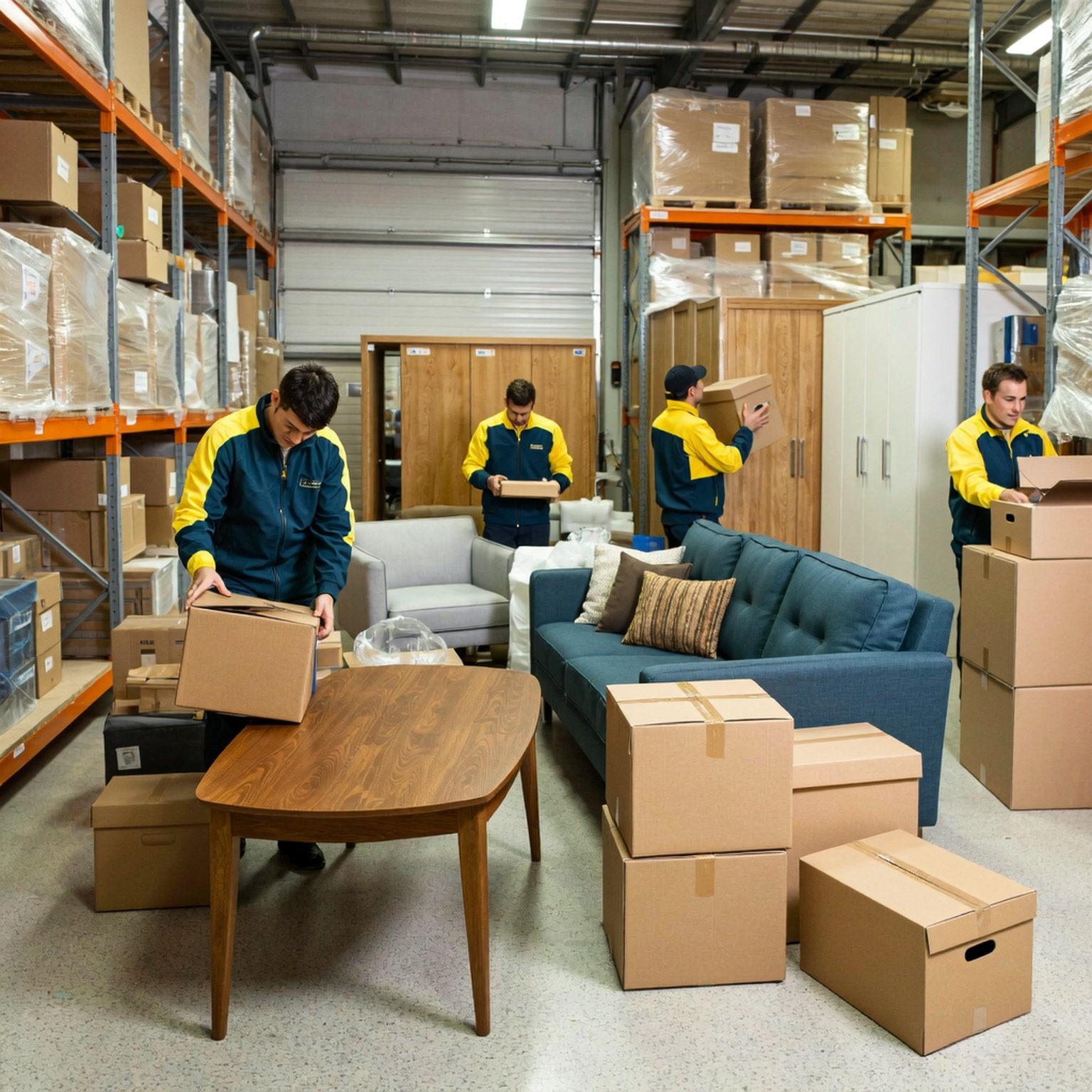 Model Version: lite | Model Category: Realism | Prompt: Ultra-realistic 8K commercial photograph, professional movers in clean uniforms of #1c7e68 and #ffdd00 colors, carefully organizing and storing home furniture including sofas, tables, boxes, and wardrobes inside a modern, clean, secure, and well-lit storage facility. The facility features labeled shelves and an organized layout. Warm, realistic lighting, corporate photography style, high-quality advertisement look, no text or logos. | Enhanced Prompt: Ultra-realistic 8K commercial photograph capturing professional movers, dressed in crisp, clean uniforms featuring distinct colors of dark teal (#1c7e68) and bright yellow-gold (#ffdd00), meticulously organizing and carefully storing various home furniture including plush sofas, polished wooden tables, sealed cardboard boxes, and tall wardrobes inside a modern, clean, secure, and exceptionally well-lit storage facility. The scene emphasizes an organized layout with clearly labeled industrial shelving units in the background. The lighting is warm, realistic, and evenly distributed, characteristic of high-quality corporate photography, creating an advertisement look with sharp detail and clarity. Center composition, medium shot. Ultra-realistic 8K commercial photograph, professional movers in clean uniforms of #1c7e68 and #ffdd00 colors, carefully organizing and storing home furniture including sofas, tables, boxes, and wardrobes inside a modern, clean, secure, and well-lit storage facility. The facility features labeled shelves and an organized layout. Warm, realistic lighting, corporate photography style, high-quality advertisement look, no text or logos.