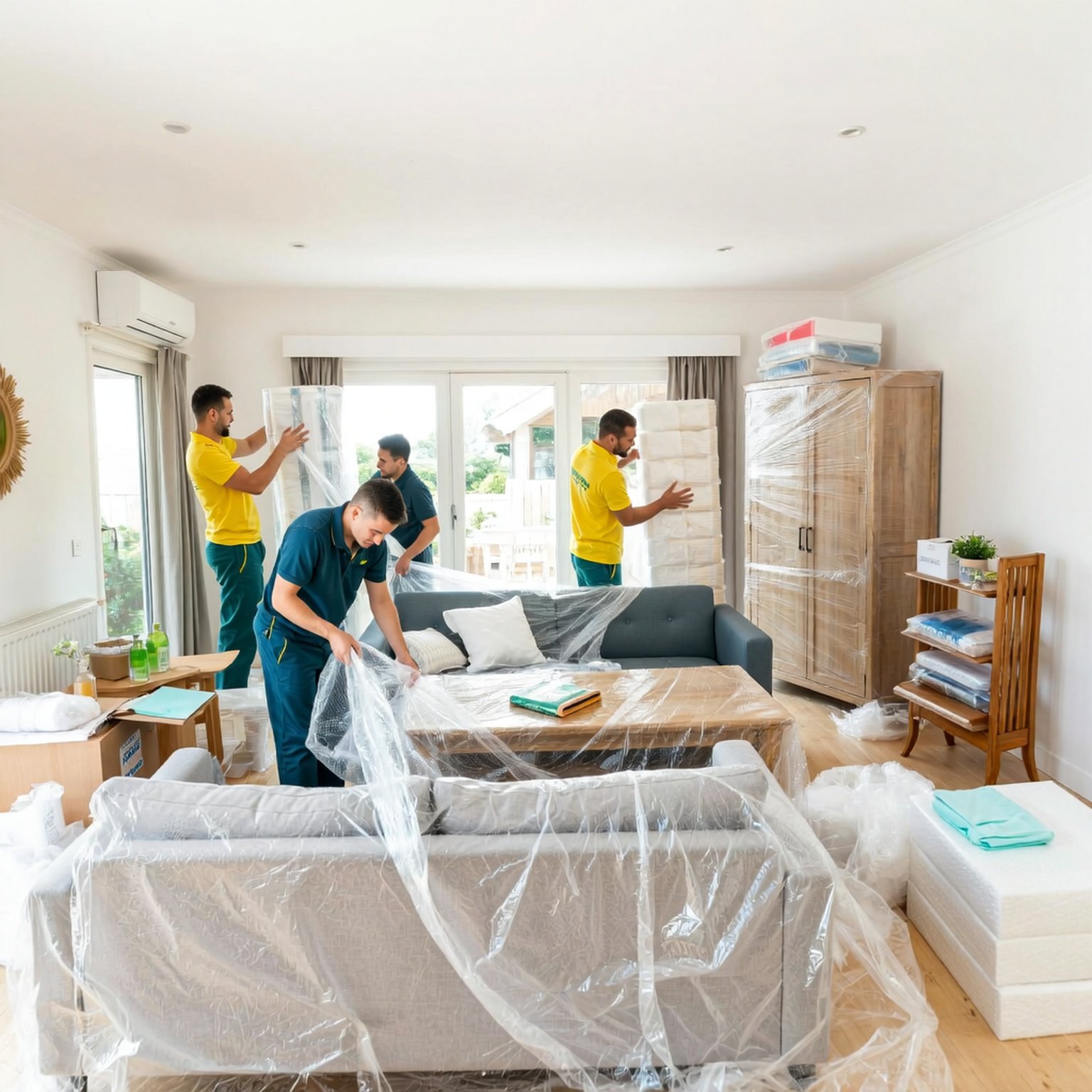 Model Version: lite | Model Category: Realism | Prompt: Ultra-realistic 8K commercial photograph, professional movers in clean uniforms of #1c7e68 and #ffdd00 colors, carefully wrapping and protecting home furniture including a sofa, table, chairs, and wardrobe with stretch film, bubble wrap, and packing materials. Scene set inside a bright, modern home with organized surroundings and warm, natural lighting. Corporate photography style, realistic high-quality advertisement look, no text or logos. | Enhanced Prompt: Ultra-realistic 8K commercial photograph capturing three professional movers, wearing crisp, clean uniforms featuring the distinct colors of deep teal (#1c7e68) and bright yellow (#ffdd00), meticulously working inside a bright, modern home. In the midground, they are carefully wrapping and protecting various home furniture, including a large sofa, a wooden dining table, several chairs, and a tall wardrobe, utilizing stretch film, thick bubble wrap, and organized packing materials. The scene is characterized by organized surroundings and illuminated by warm, natural lighting filtering in, creating soft highlights on the plastic wrap. The composition adheres to corporate photography style, aiming for a realistic, high-quality advertisement look, captured with a sharp focus and medium lens. Ultra-realistic 8K commercial photograph, professional movers in clean uniforms of #1c7e68 and #ffdd00 colors, carefully wrapping and protecting home furniture including a sofa, table, chairs, and wardrobe with stretch film, bubble wrap, and packing materials. Scene set inside a bright, modern home with organized surroundings and warm, natural lighting. Corporate photography style, realistic high-quality advertisement look, no text or logos.
